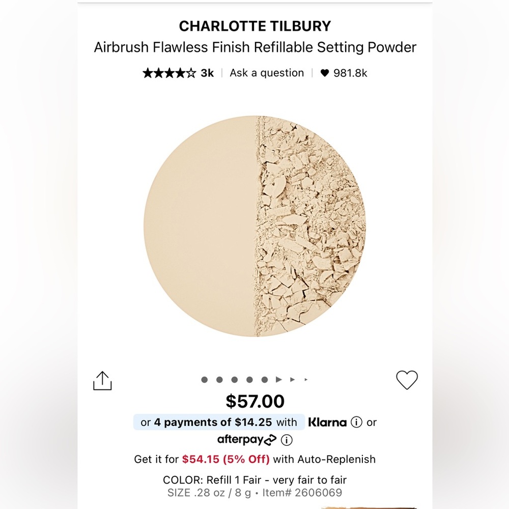 CHARLOTTE TILBURY Airbrush Flawless Finish Setting Powder REFILL in 1 Fair